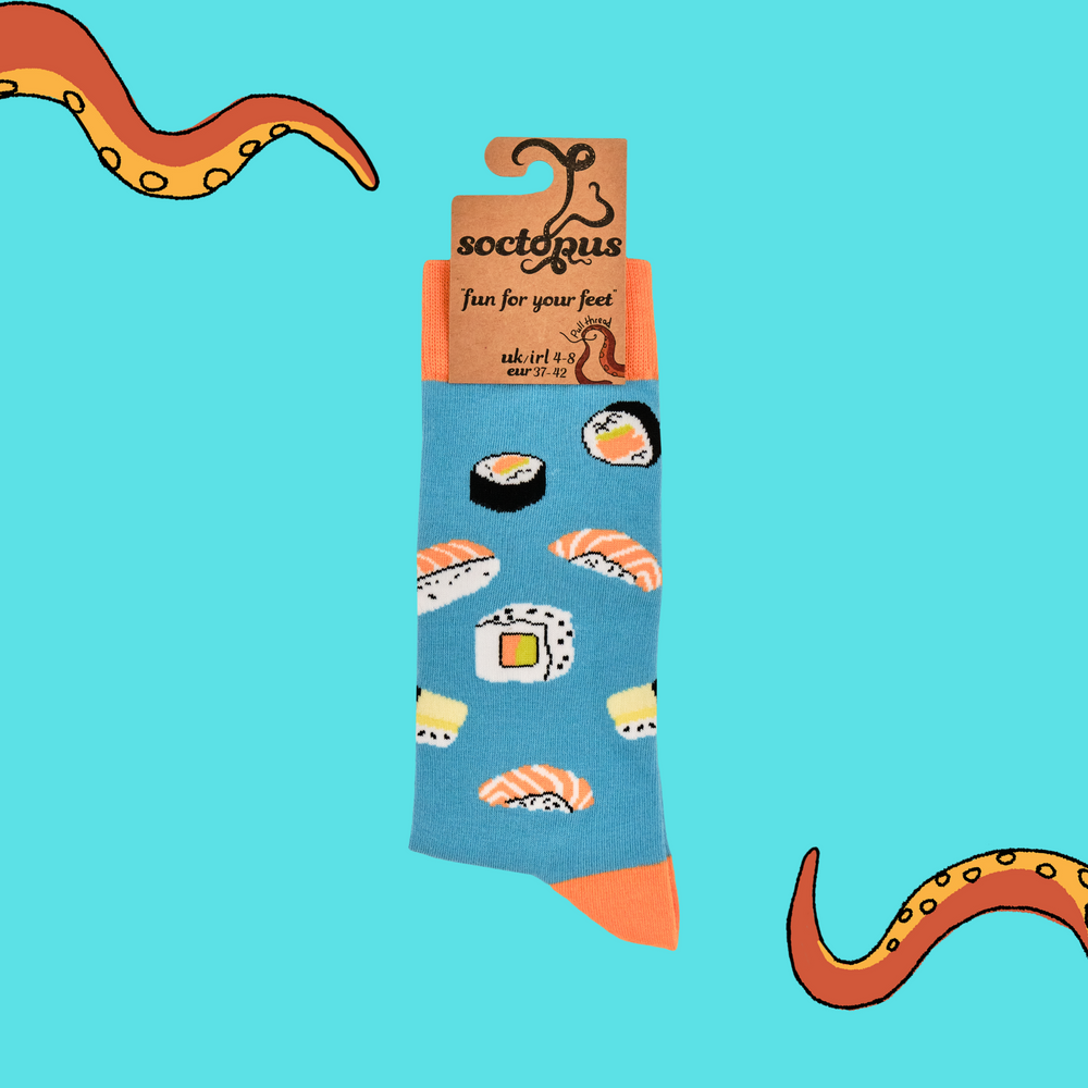 
                      
                        A pair of socks with a sushi motif. Bright blue legs, orange heel, toe and cuff. 
                      
                    