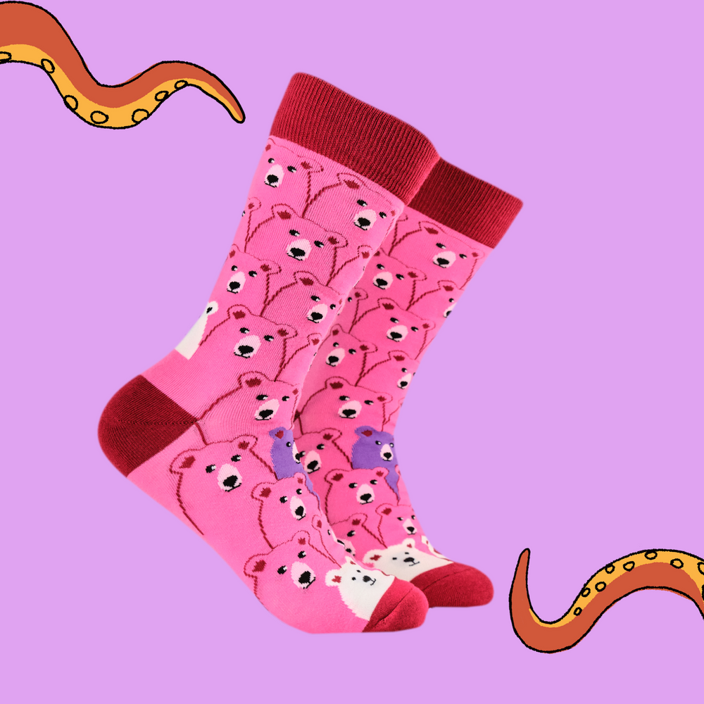 
                      
                        A pair of socks with a fun bear pattern. Bright pink legs, red heel, toe and cuff. 
                      
                    