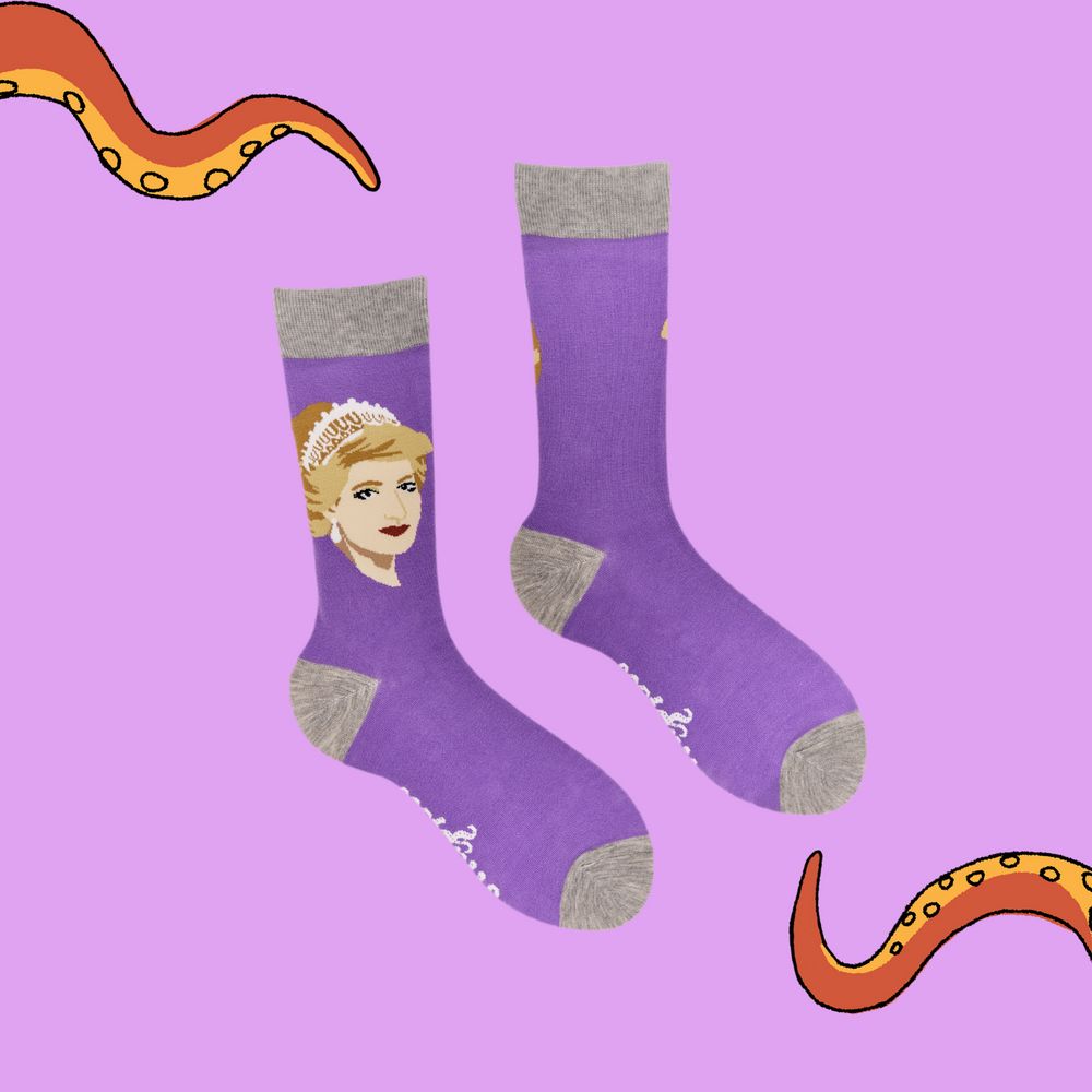 
                      
                        A pair of socks depicting princess Diana. Purple legs, grey cuff, heel and toe.
                      
                    