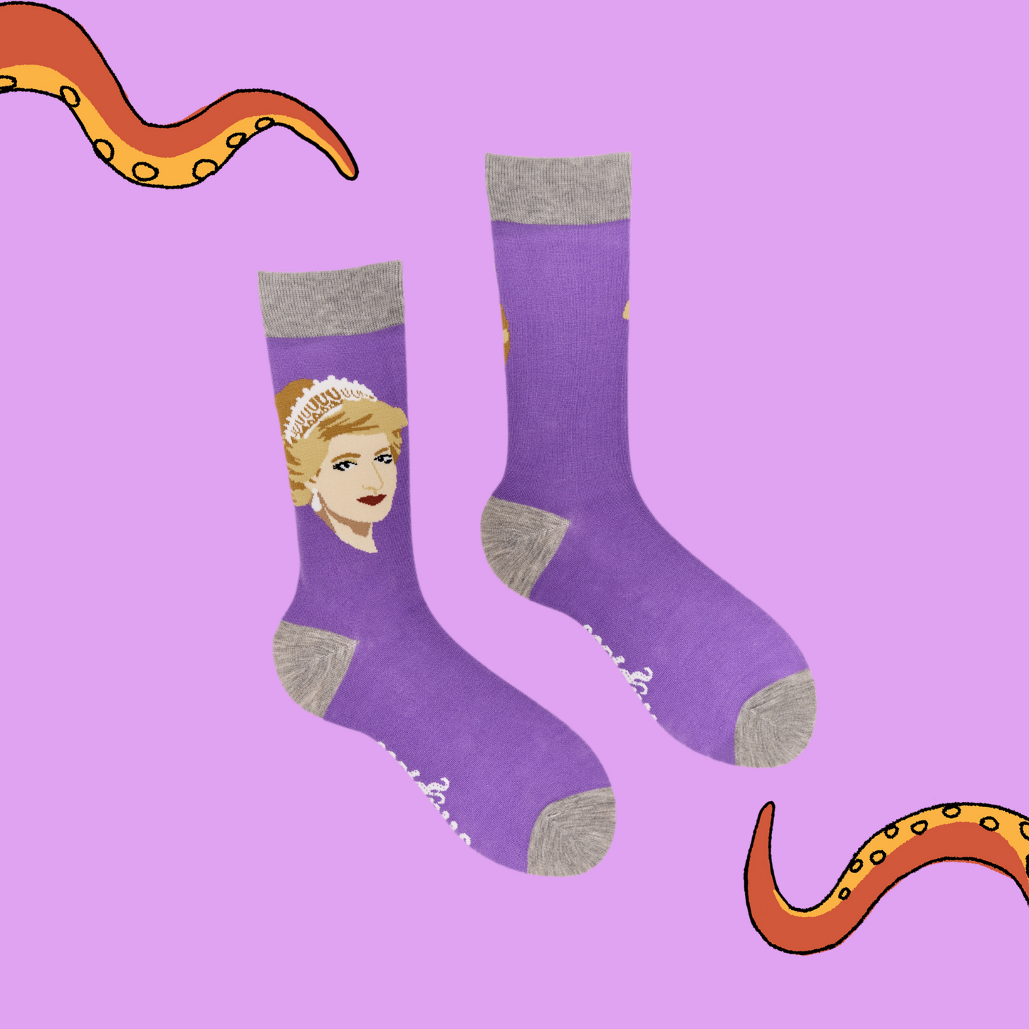 
                  
                    A pair of socks depicting princess Diana. Purple legs, grey cuff, heel and toe.
                  
                