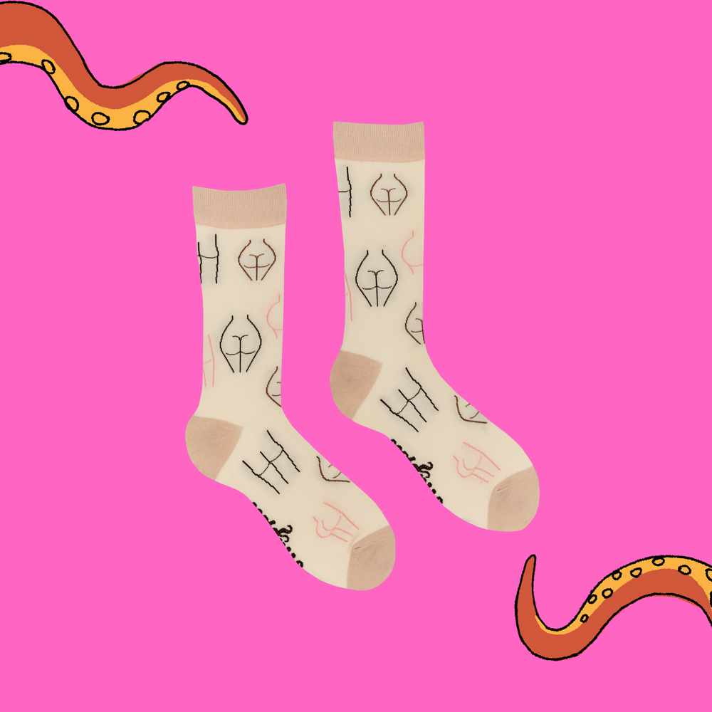 
                      
                        A pair of socks depicting various bums. Flesh colour legs, heels, toe and cuff. 
                      
                    