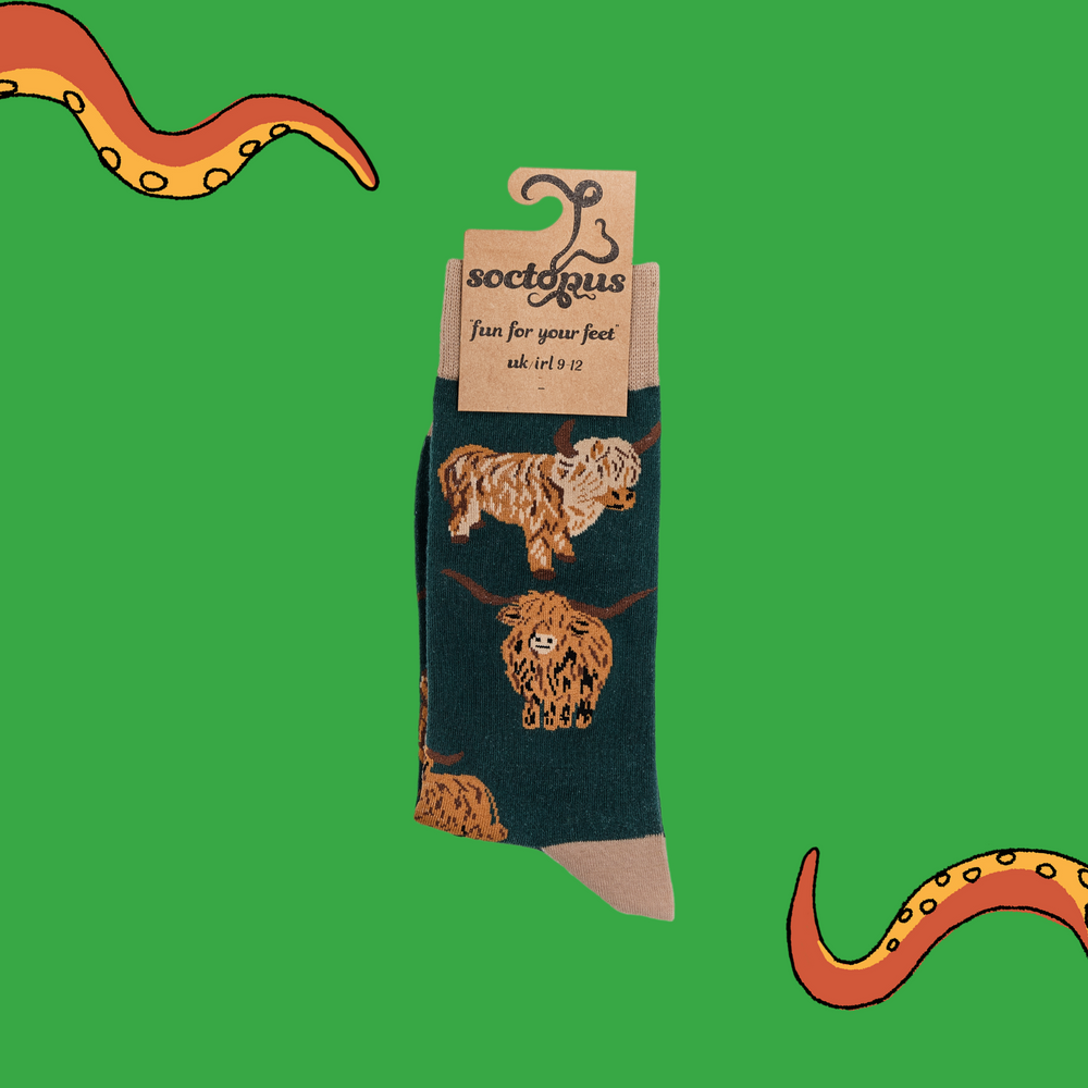 
                      
                        A pair of socks depicting highland cows. Dark green legs, cream cuff, heel and toe. In Soctopus Packaging.
                      
                    