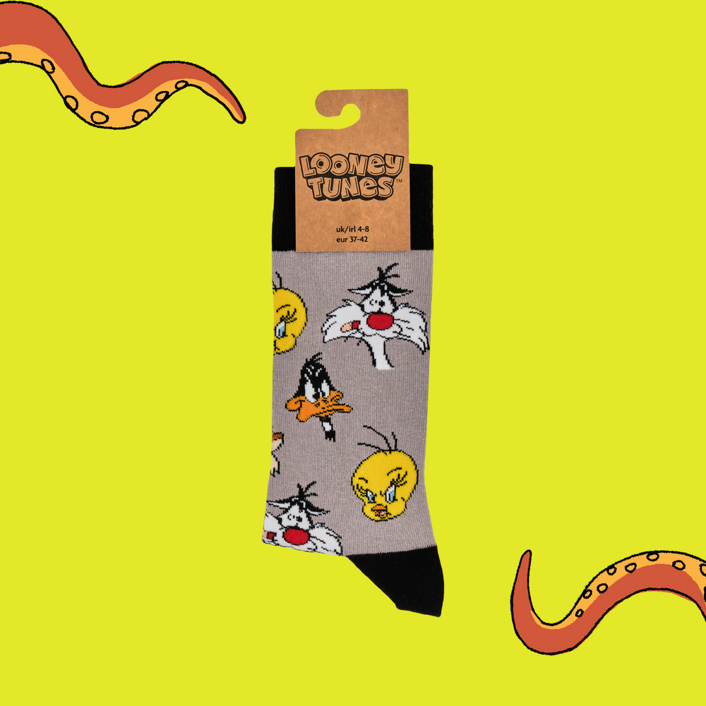 
                      
                        A pair of socks featuring the famous looney tunes gang. Grey legs, black toe, heel and cuff. 
                      
                    