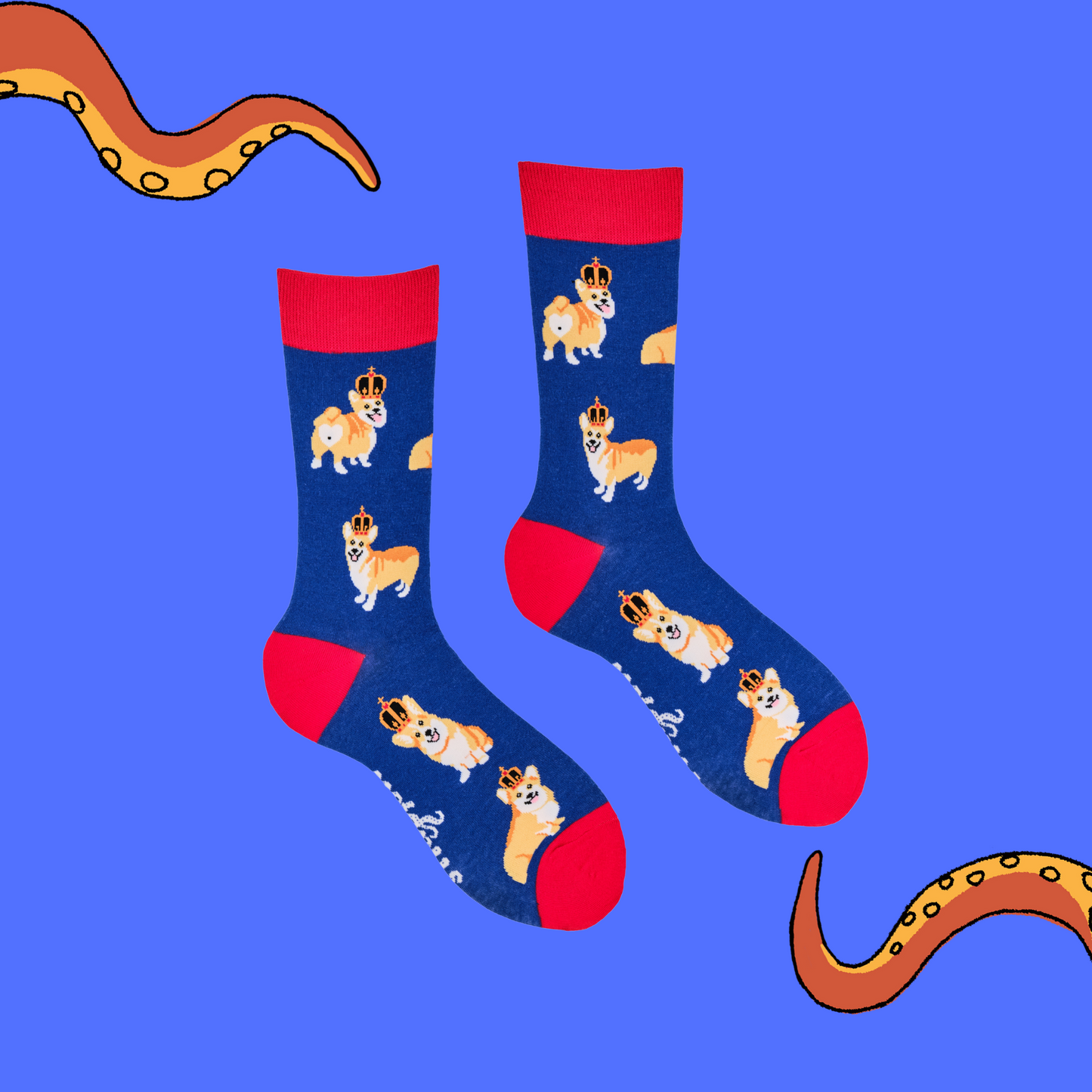 A pair of socks depicting corgis wearing crowns. Blue legs, red cuff, heel and toe.