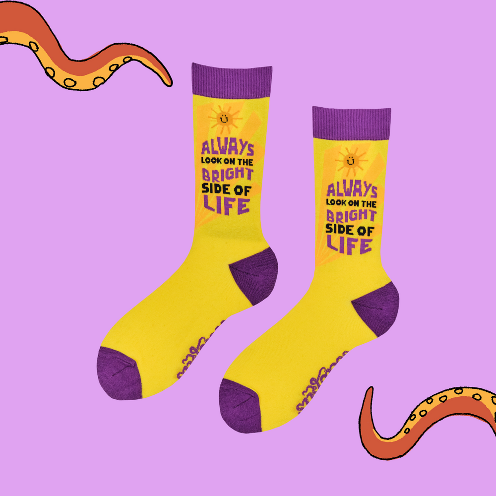 
                      
                        A pair of socks with the slogan 'Always look on the bright side of life'. Bright yellow legs, purple toe, cuff and heel. 
                      
                    