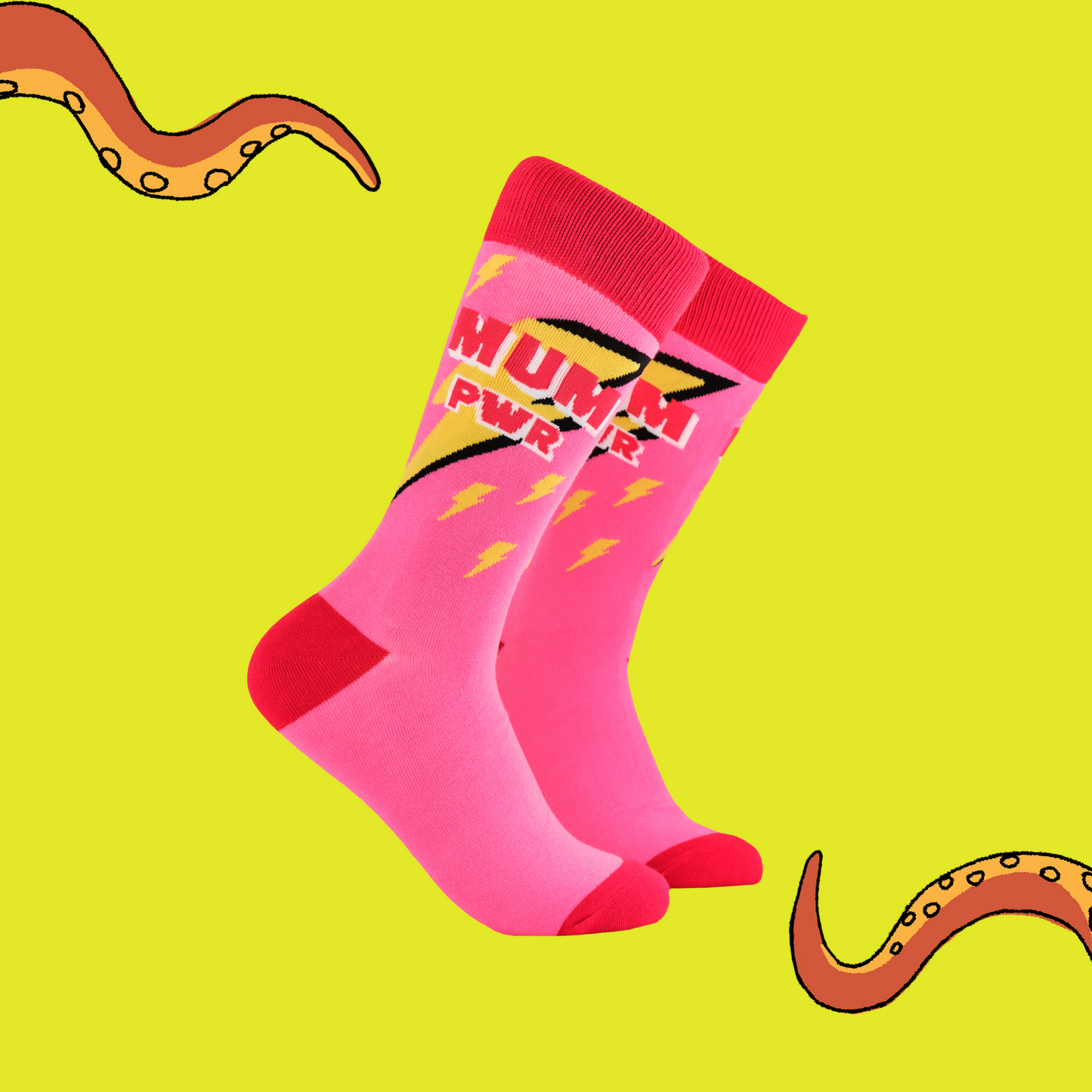 
                  
                    A pair of socks depicting lightning bolts and the words MUM PWR. Pink legs, red cuff, heel and toe.
                  
                