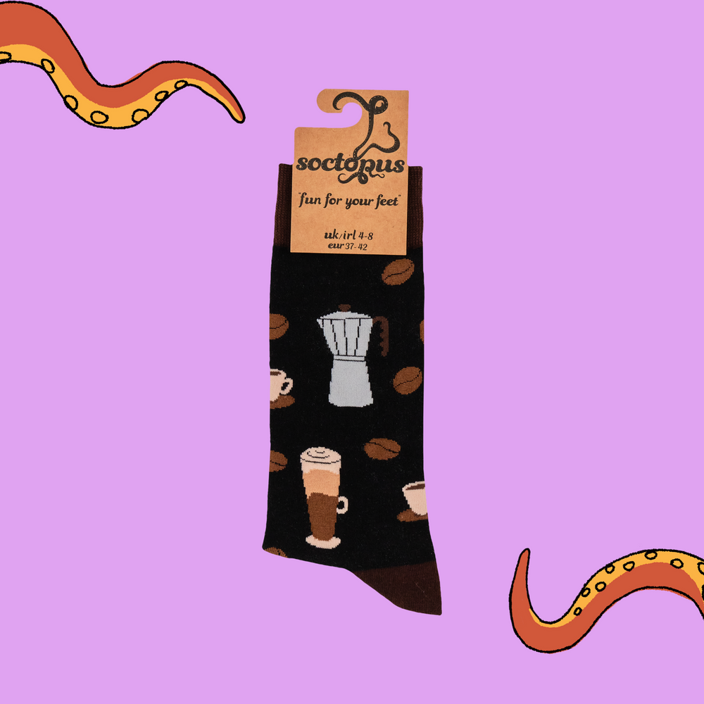 
                      
                        A pair of socks with a coffee motif. Dark brown legs, light brown heel, toe and cuff. 
                      
                    