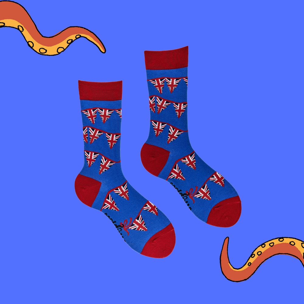 
                      
                        A pair of socks depicting Union Jack bunting. Blue legs, red cuff, heel and toe.
                      
                    