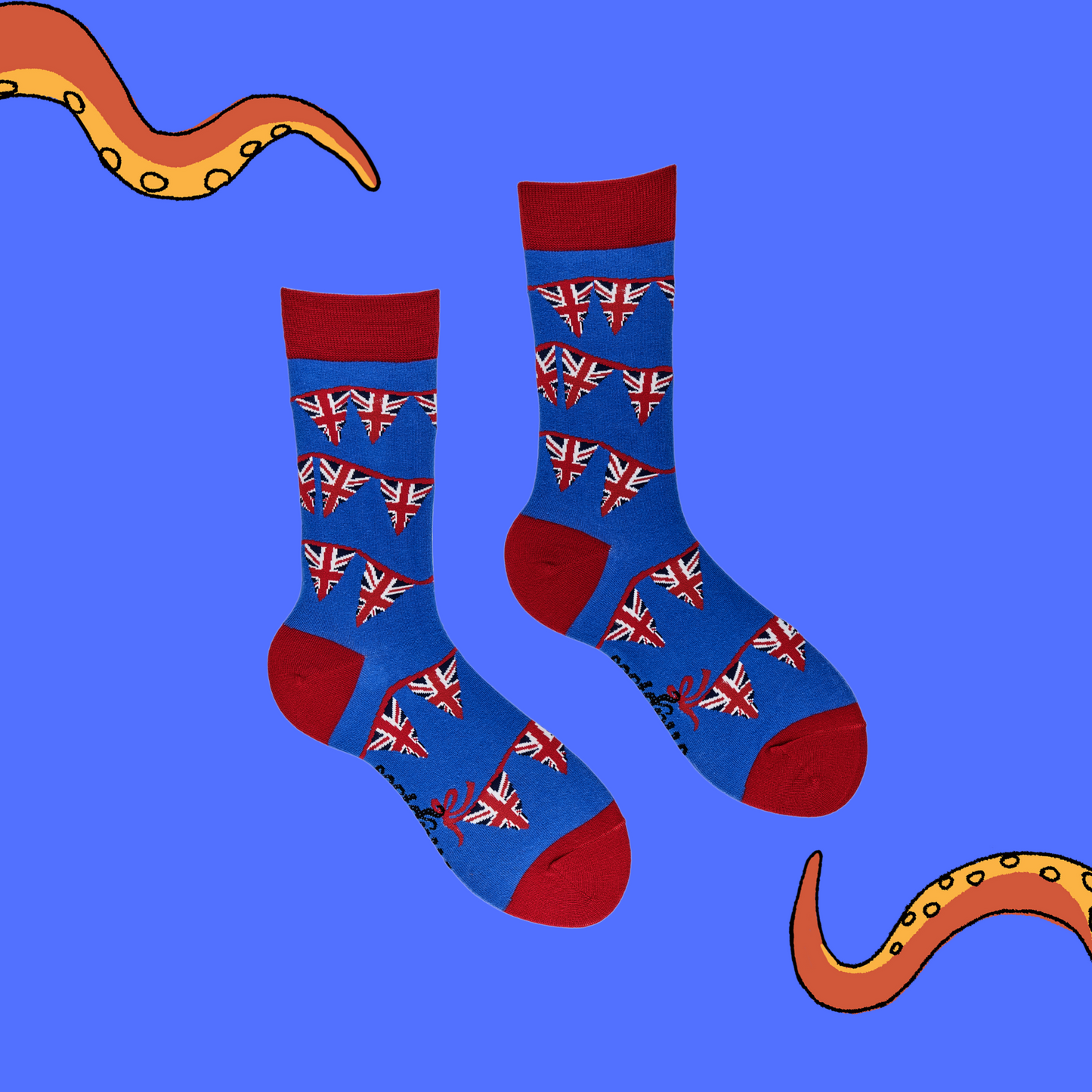 
                  
                    A pair of socks depicting Union Jack bunting. Blue legs, red cuff, heel and toe.
                  
                