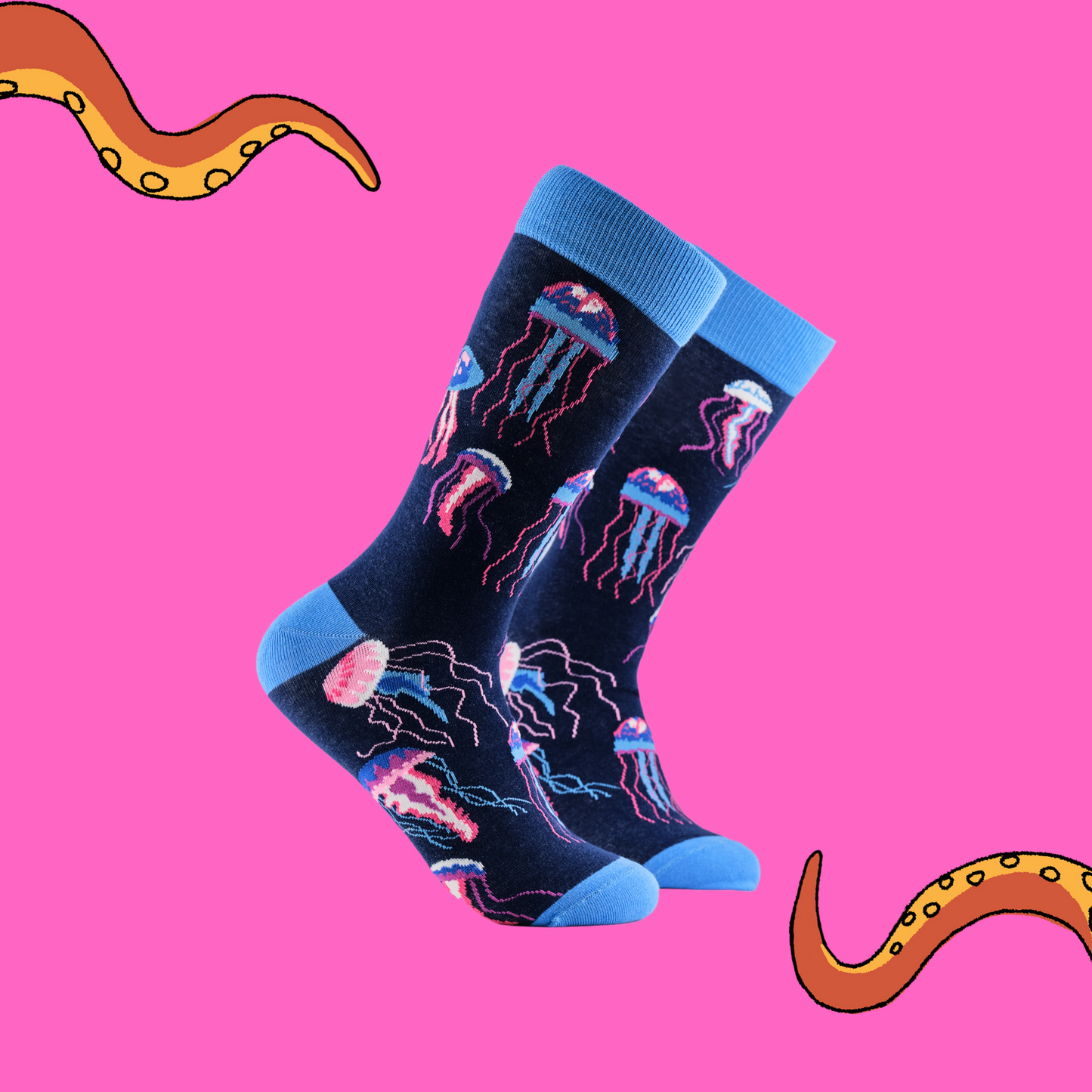 
                  
                    A pair of socks depicting jellyfish. Dark blue legs, light blue cuff, heel and toe.
                  
                