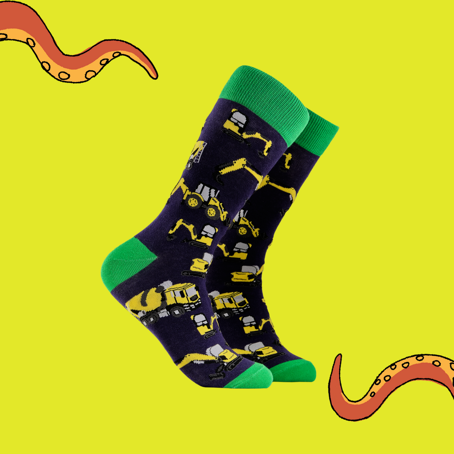 Farming Socks - Diggers. A pair of socks depicting yellow diggers and construction vehicles. Dark blue legs, green cuff, heel and toe.