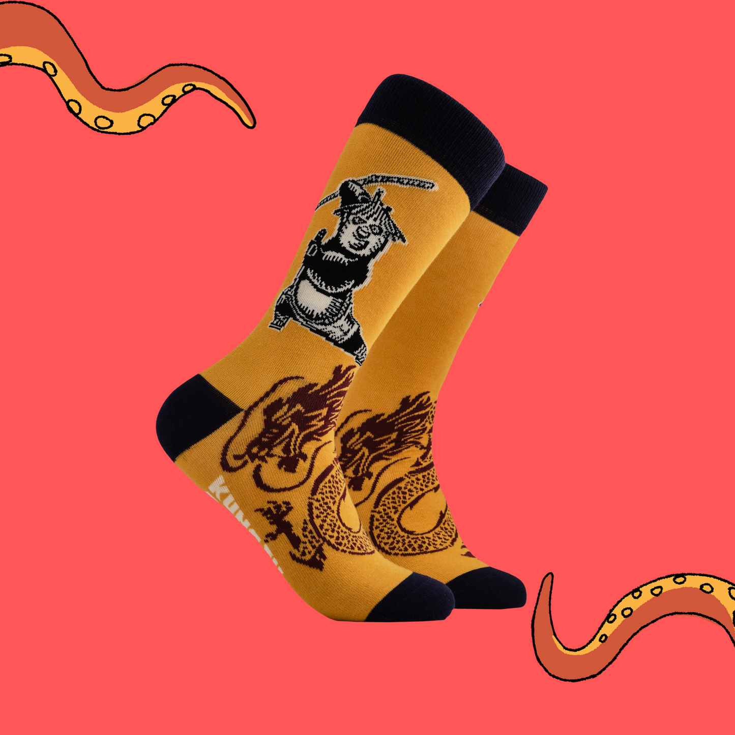 A pair of socks depicting Po striking a Kung Fu pose. Yellow legs, black heel, toe and cuff.