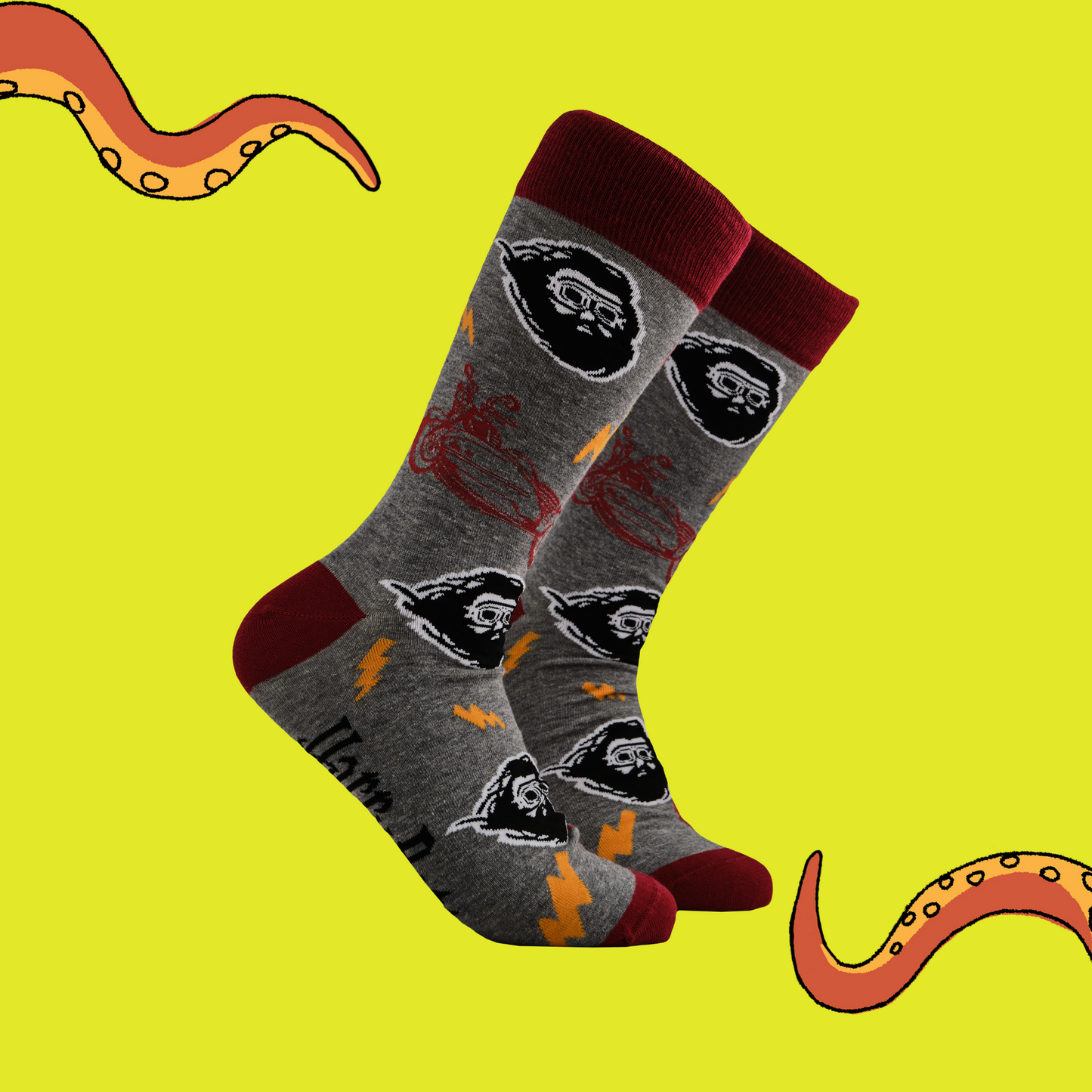 A pair of socks depicting Hagrid wearing his flying goggles. Grey legs, red toe, heel and cuff.