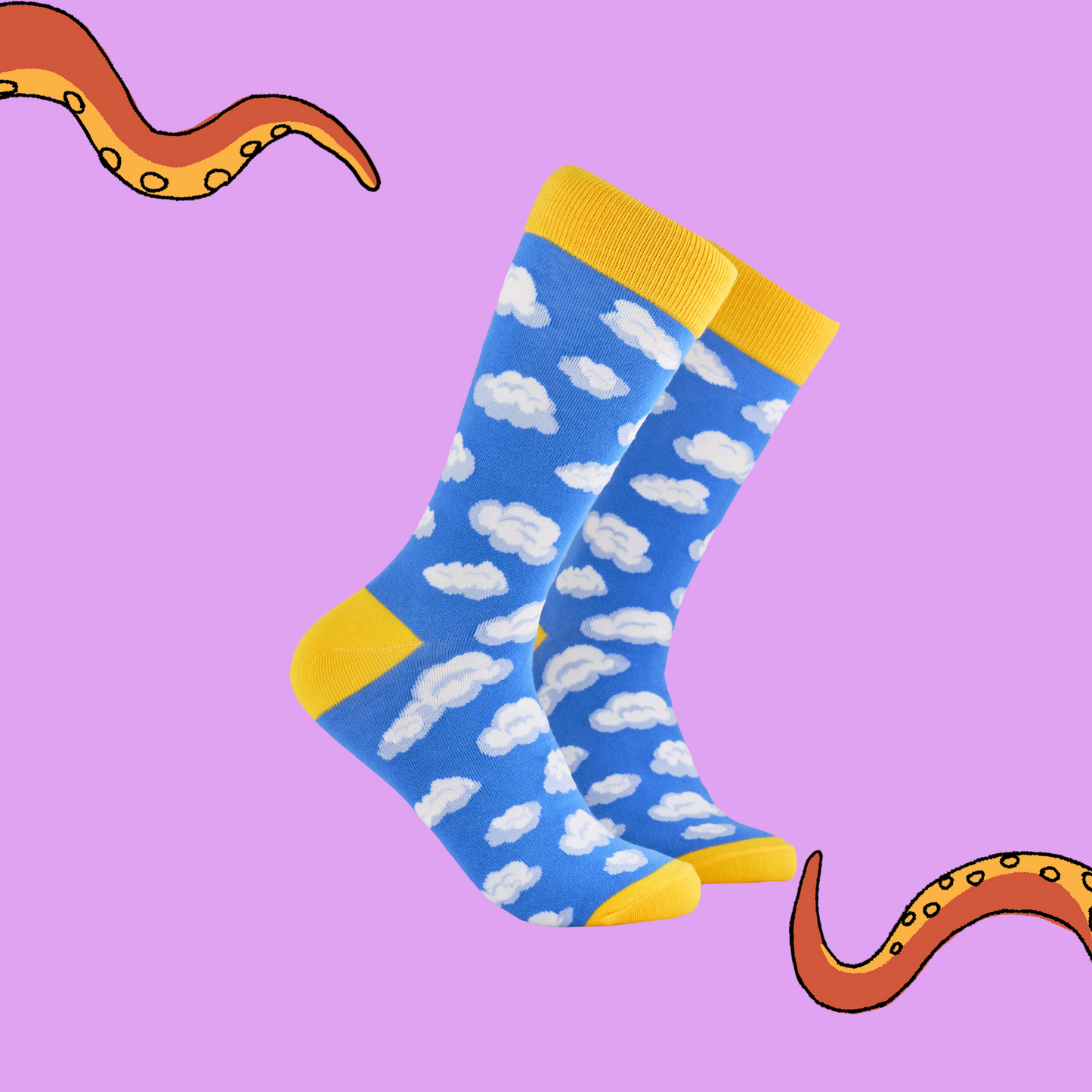 A pair of socks depicting little fluffy clouds. Blue legs, yellow cuff, heel and toe.