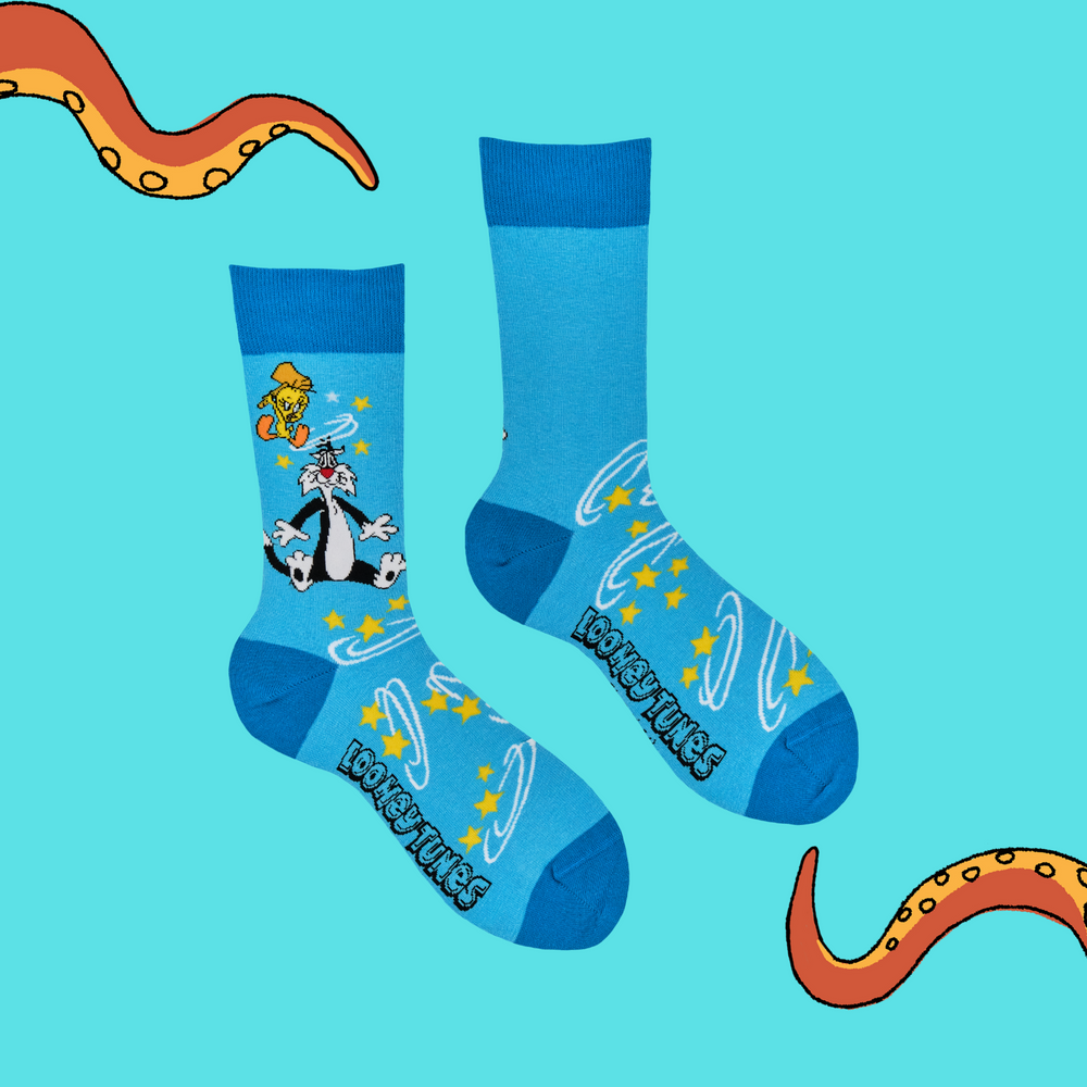 
                      
                        A pair of socks depicting Sylvester & Tweety. Blue legs, dark blue heel, cuff and toe. 
                      
                    