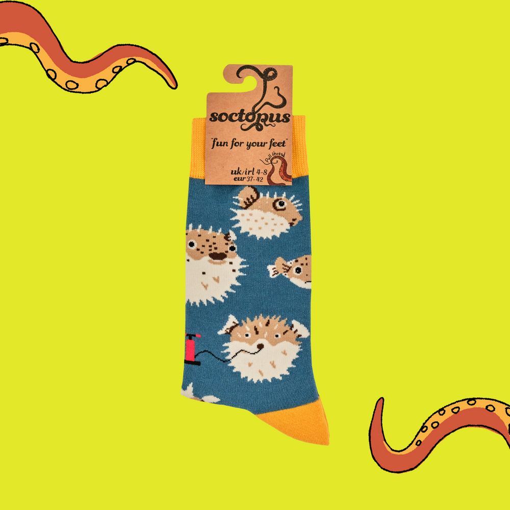 
                      
                        A pair of socks featuring a puffer fish motif. Teal legs, yellow heel, toe and cuff. 
                      
                    