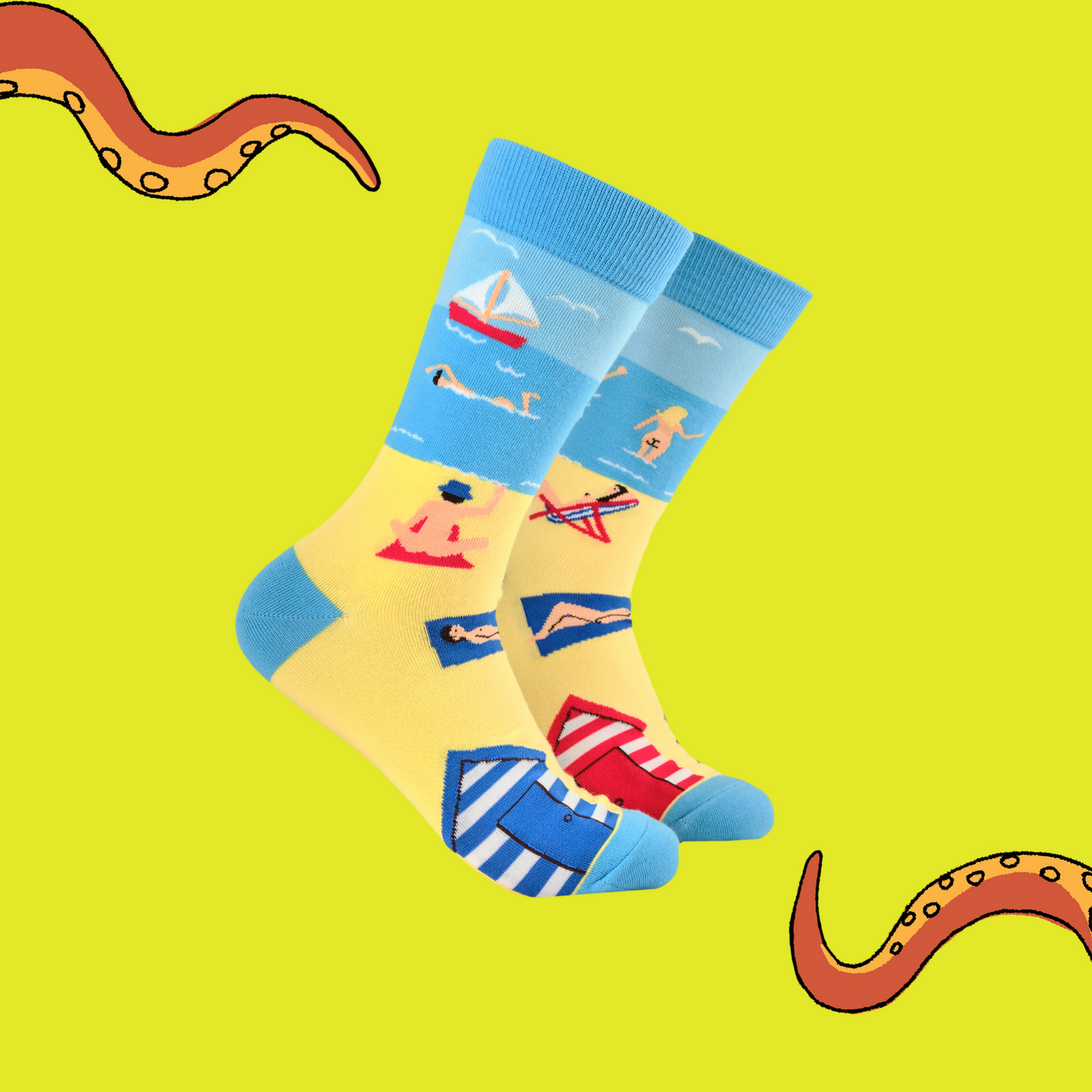 A pair of socks with a fun beach design. Blue heel, toe and cuff. 