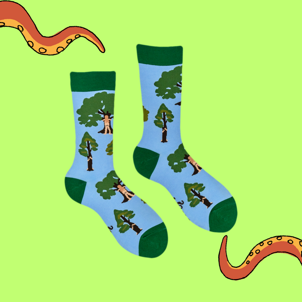 
                      
                        A pair of socks featuring tree huggers. Blue legs, green heel, toe and cuff. 
                      
                    