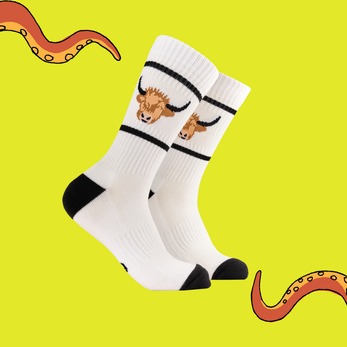 A pair of athletic style socks featuring a highland cow motif. White legs, black eel, toe and cuff. 