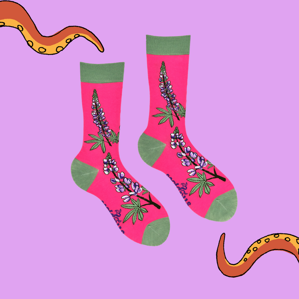 
                      
                        A pair of socks depicting Lupins. Pink legs, light green cuff, heel and toe.
                      
                    