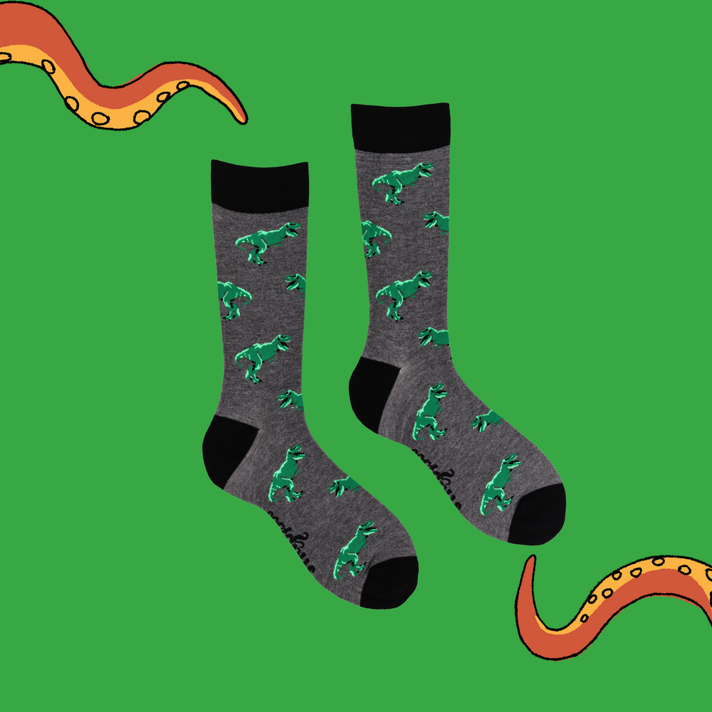 
                      
                        A pair of socks depicting T-Rex dinosaurs. Grey legs, black cuff, heel and toe.
                      
                    