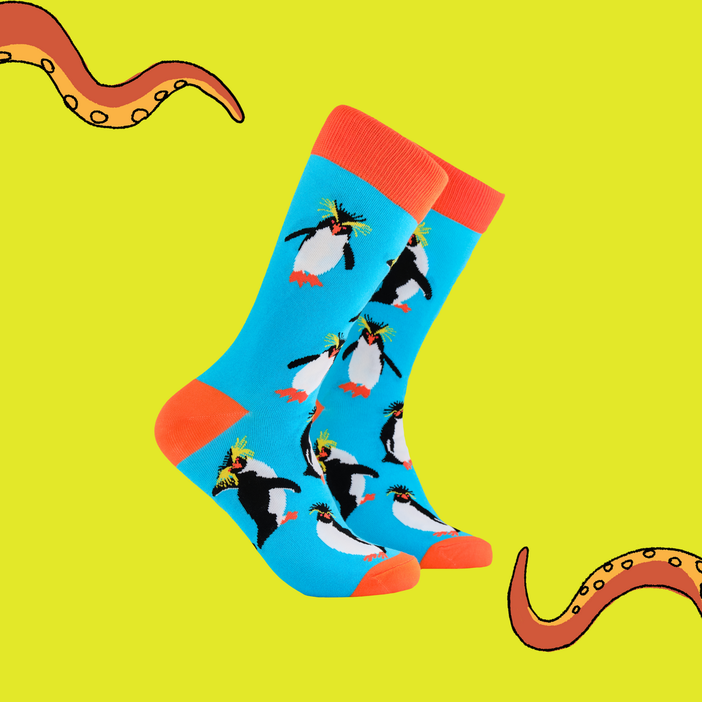 A pair of socks depicting rock hopper penguins. Bright legs, orange cuff, heel and toe.