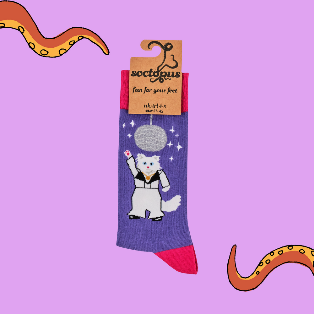 
                      
                        A pair of socks featuring a 70s disco cat. Purple legs, bright pink heel, toe and cuff. 
                      
                    