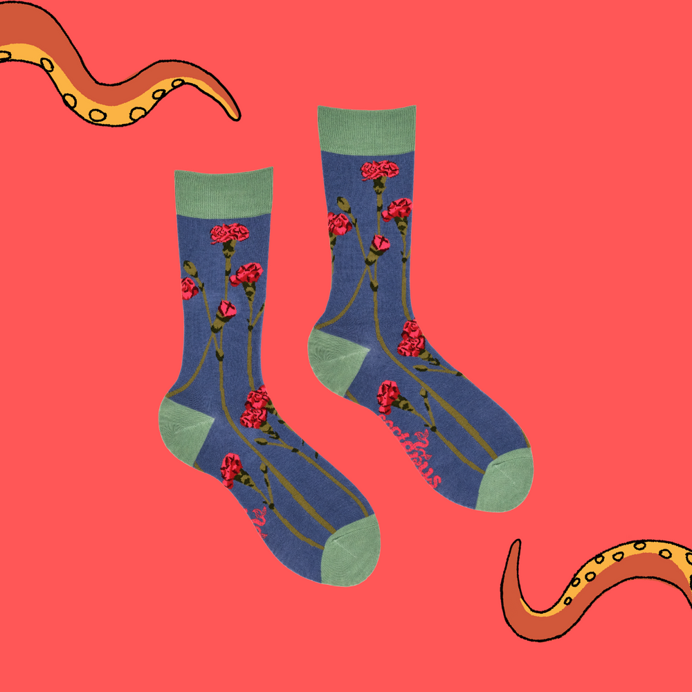 
                  
                    A pair of socks depicting carnations in wildlife. Blue legs, light green cuff, heel and toe.
                  
                