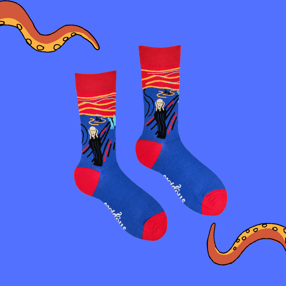 
                  
                    A pair of socks depicting the scream. Blue legs, red cuff, heel and toe.
                  
                