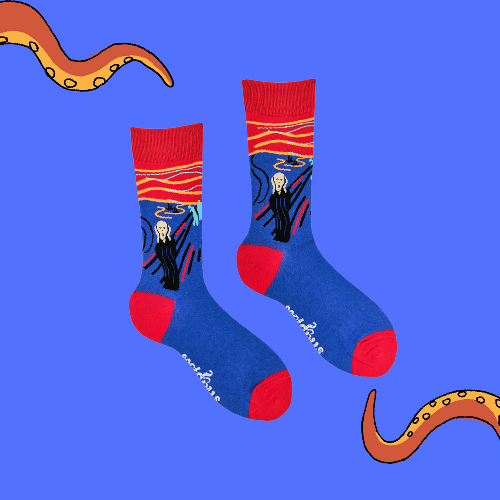 
                      
                        A pair of socks depicting the scream. Blue legs, red cuff, heel and toe.
                      
                    