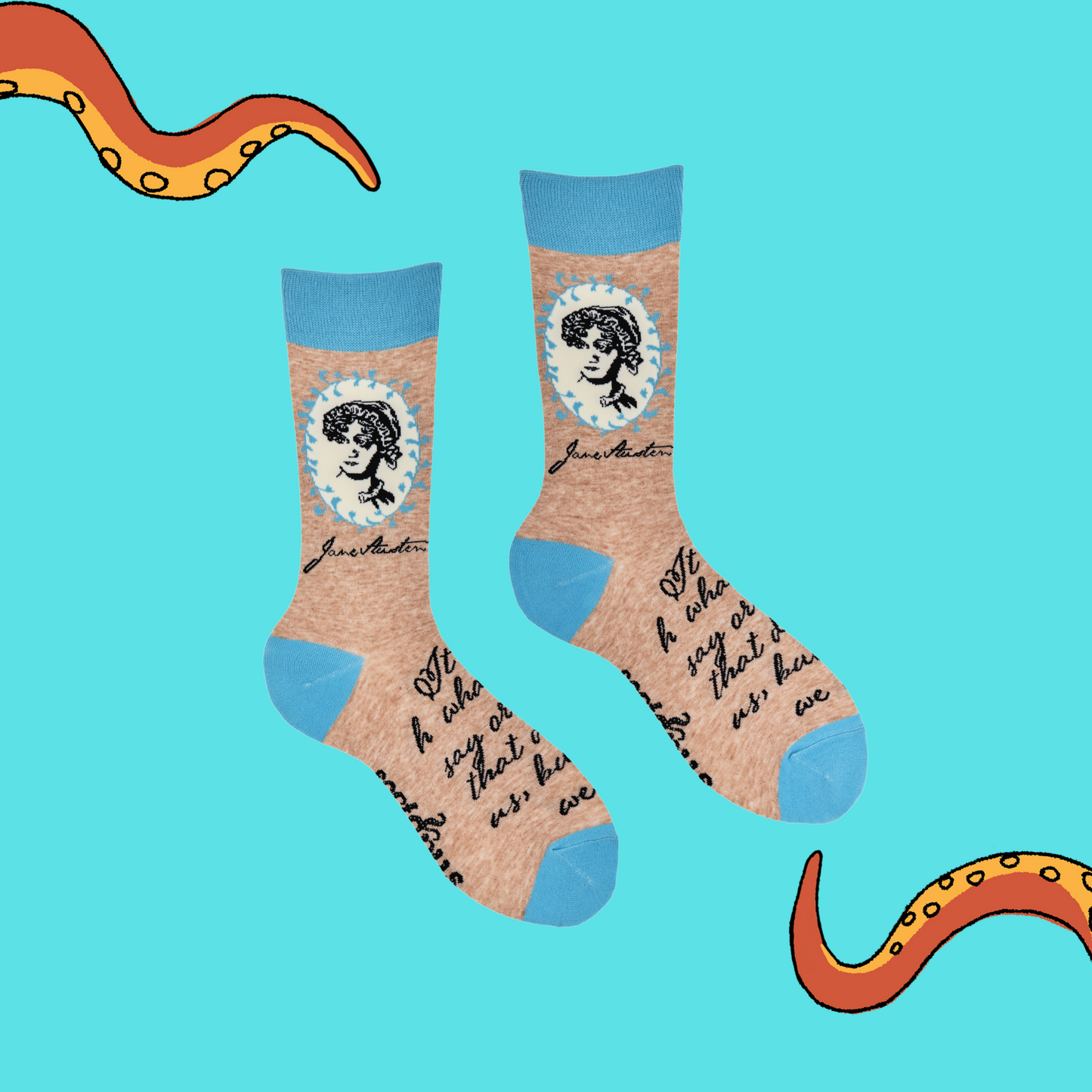 
                  
                    A pair of socks depicting Jane Austen. Oatmeal legs, blue cuff, heel and toe.
                  
                