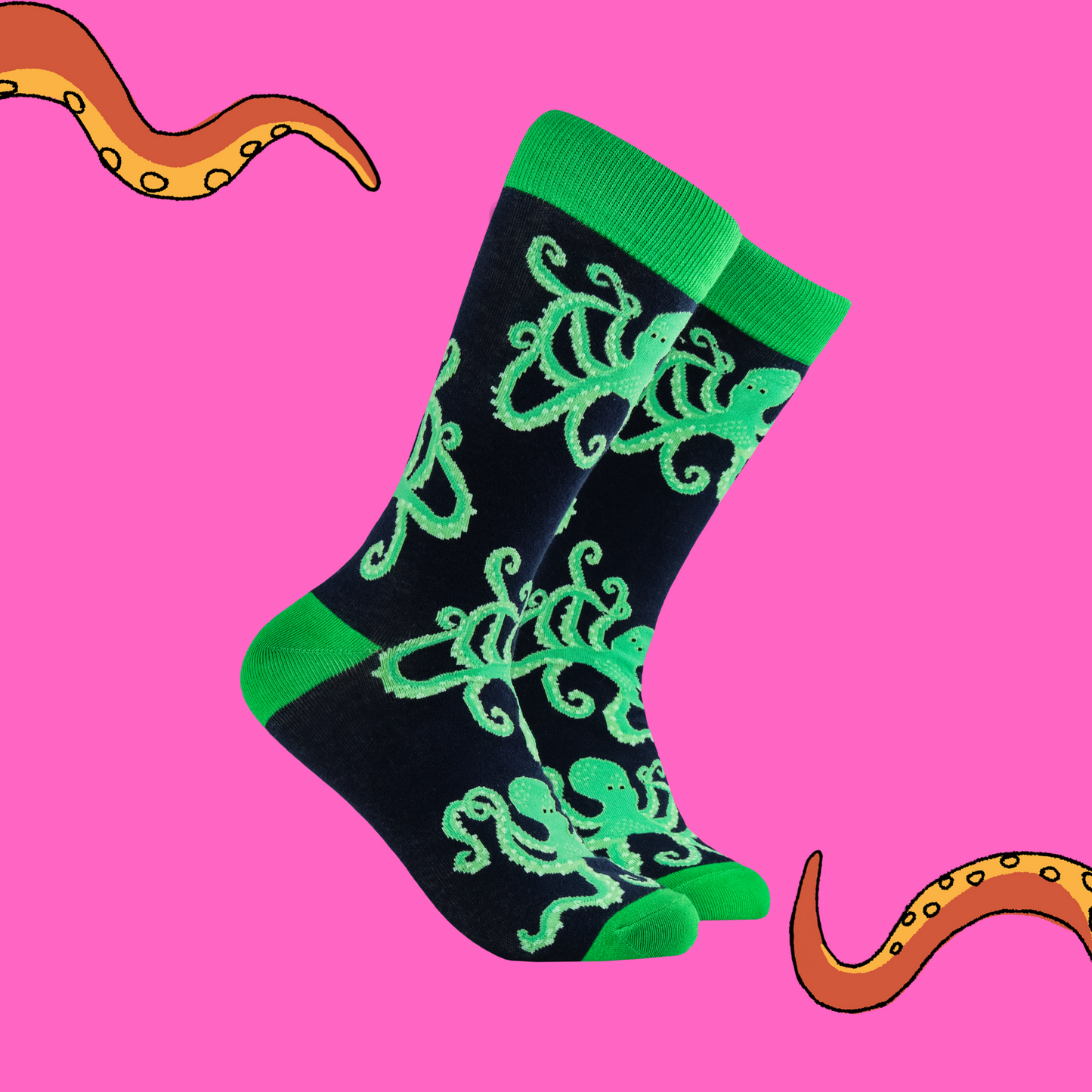 
                  
                    A pair of socks depicting the soctopus mascot, Captain Soctopus. Blue legs, green cuff, heel and toe.
                  
                