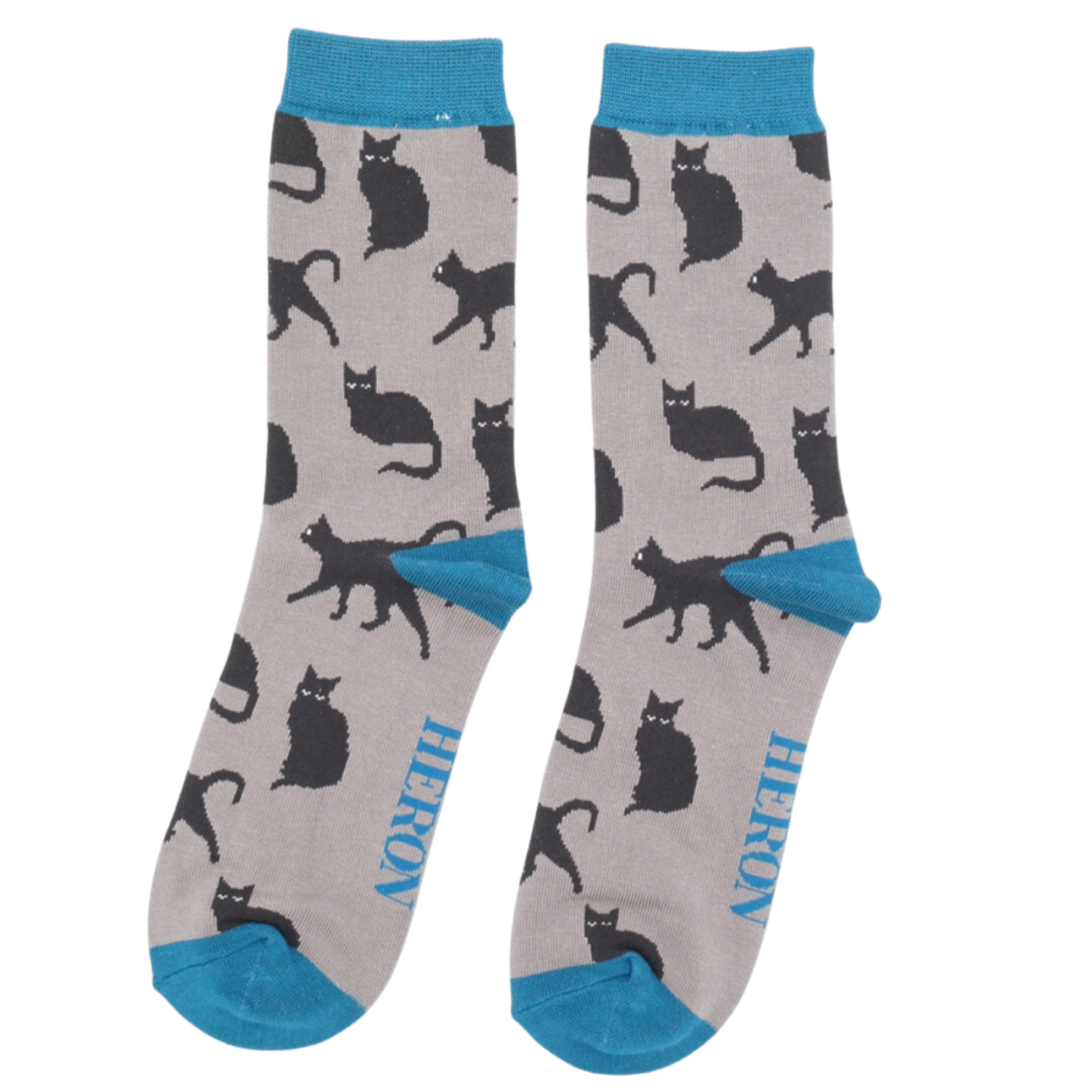 A pair of socks depicting cute black cats. Grey legs, blue toe, cuff and heel.