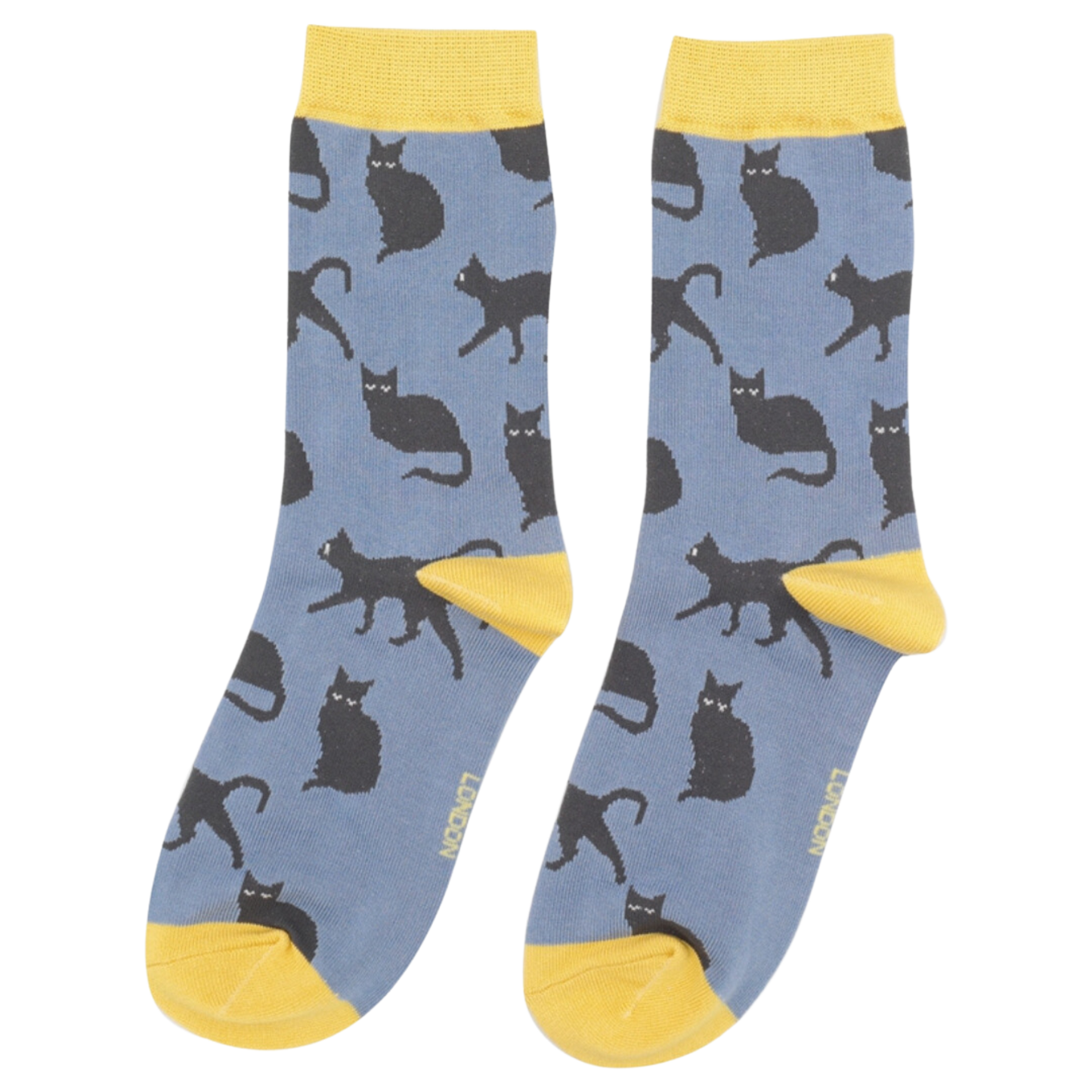 
                  
                    A pair of socks depicting cute black cats. Blue legs, yellow toe, cuff and heel.
                  
                