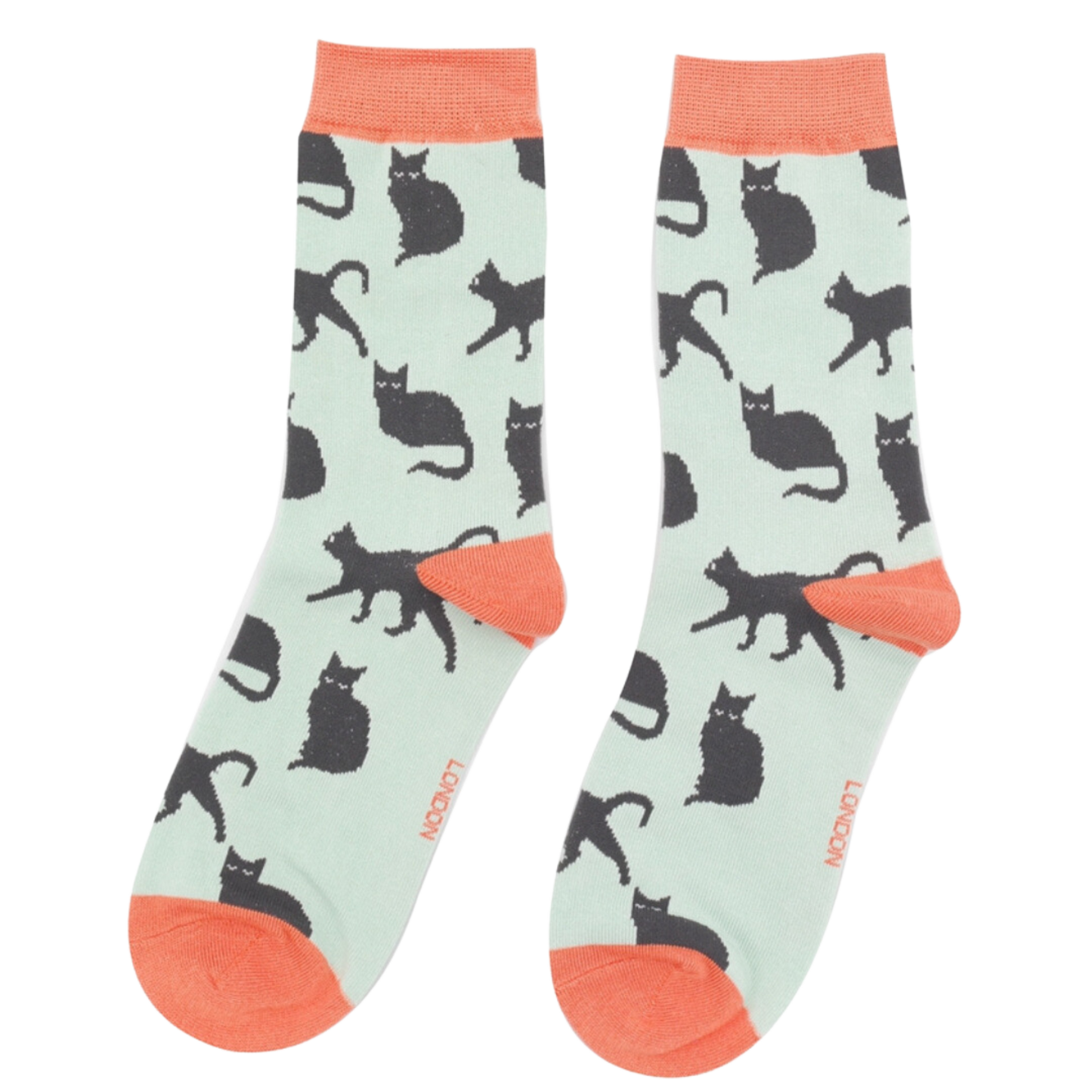 
                  
                    A pair of socks depicting cute black cats. Green legs, peach toe, cuff and heel.
                  
                