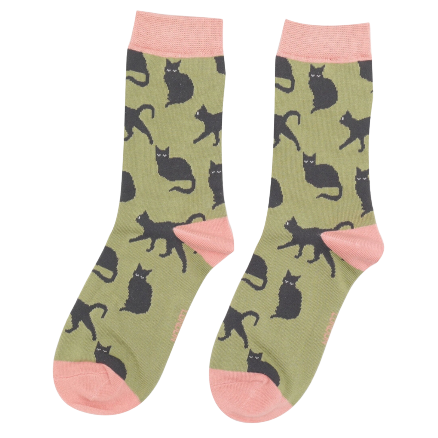 
                  
                    A pair of socks depicting cute black cats. Green legs, pink toe, cuff and heel.
                  
                