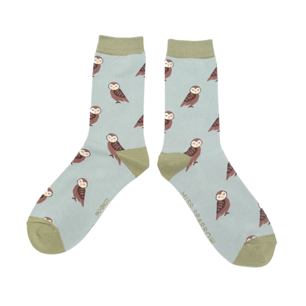 
                  
                    Cute Owls Bamboo Socks - Miss Sparrow. A pair of socks depicting cute owls. Blue legs, green cuff, toe and heel. 
                  
                