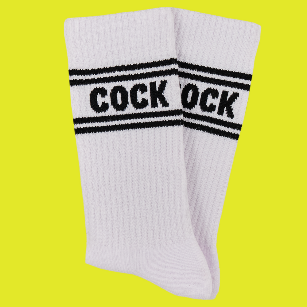 
                      
                        A white pair of athletic socks with white trim on the ankles and toes. A euphemism for the male genitals on the ankle.
                      
                    