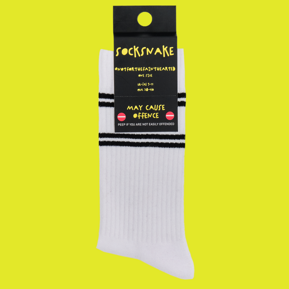 
                      
                        A white pair of athletic socks with white trim on the ankles and toes. A euphemism for the male genitals on the ankle. In sock snake packaging
                      
                    