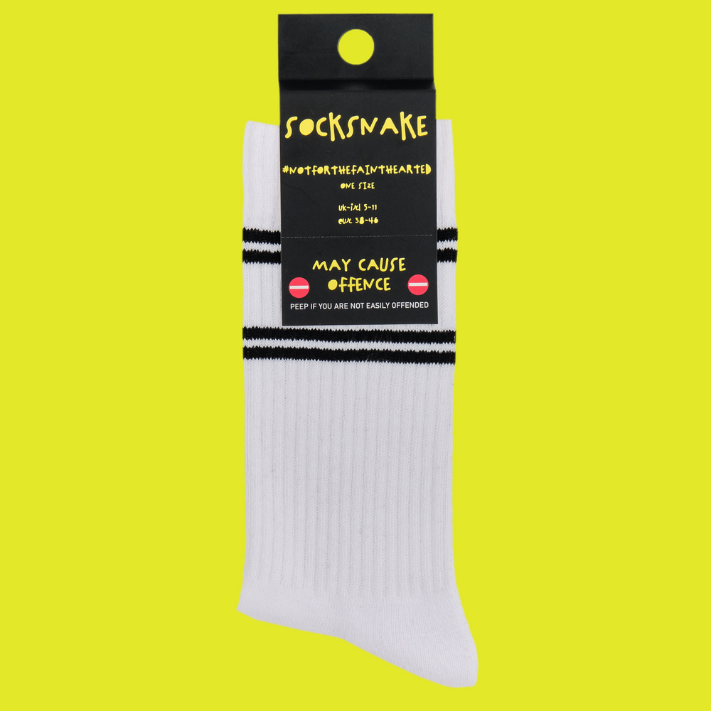 A white pair of athletic socks with black trim on the ankles and toes. And some very rude words that mean get lost on the ankle. In socksnake packaging.