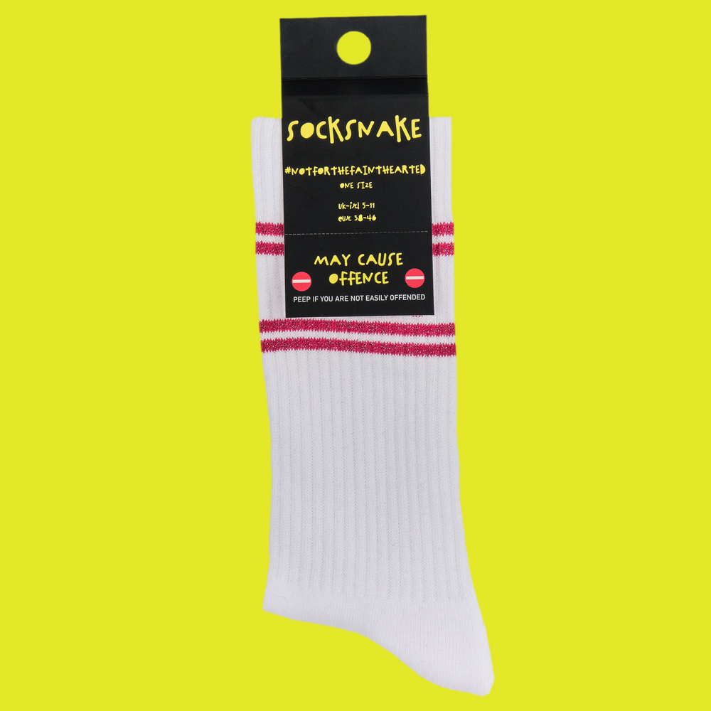 
                  
                    A white pair of athletic socks with red trim on the ankles and toes. A euphemism for the female genitals on the ankle. In socksnake packaging.
                  
                