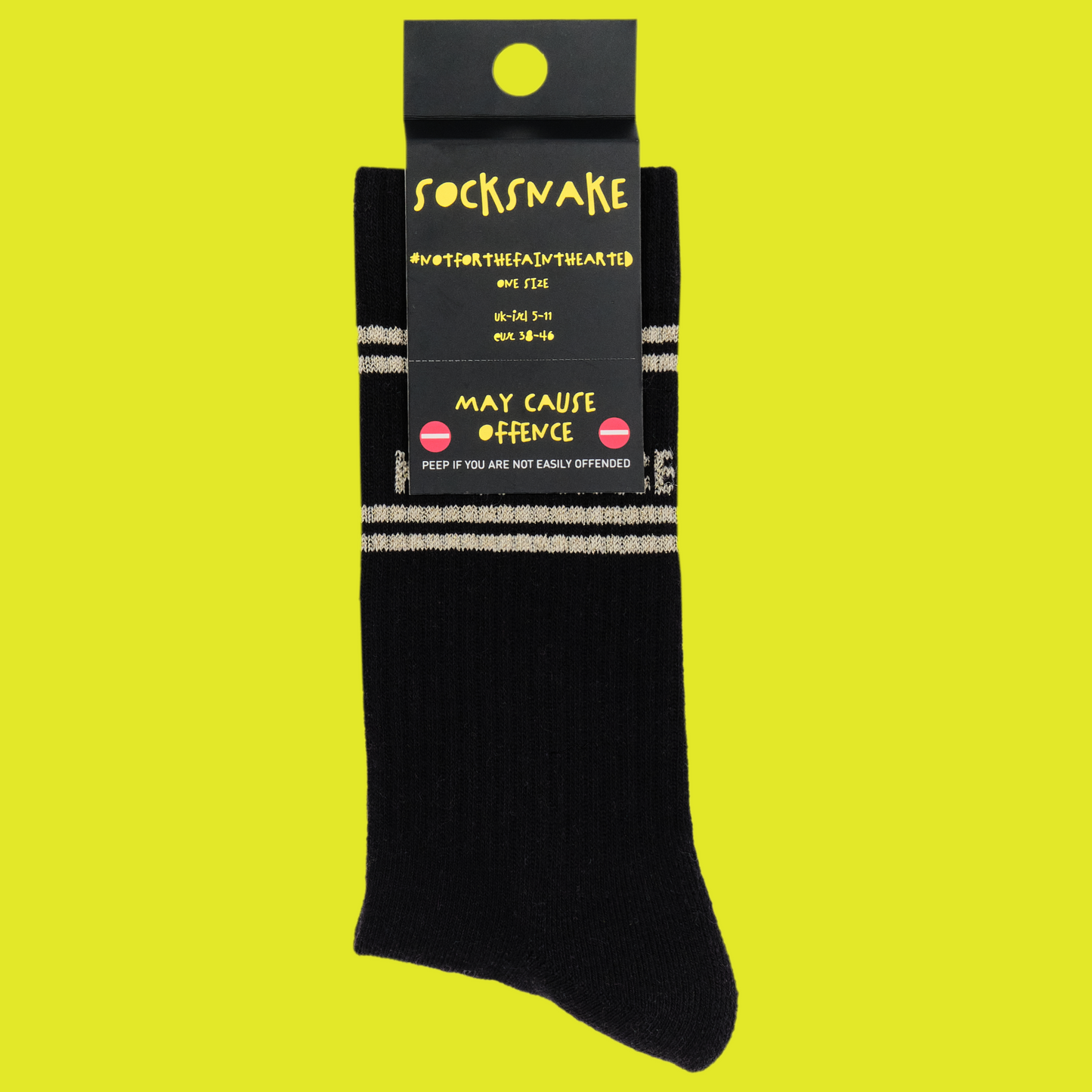 
                  
                    A black pair of athletic socks with white trim on the ankles and toes. With some very rude words on the ankle. In socksnake packaging.
                  
                