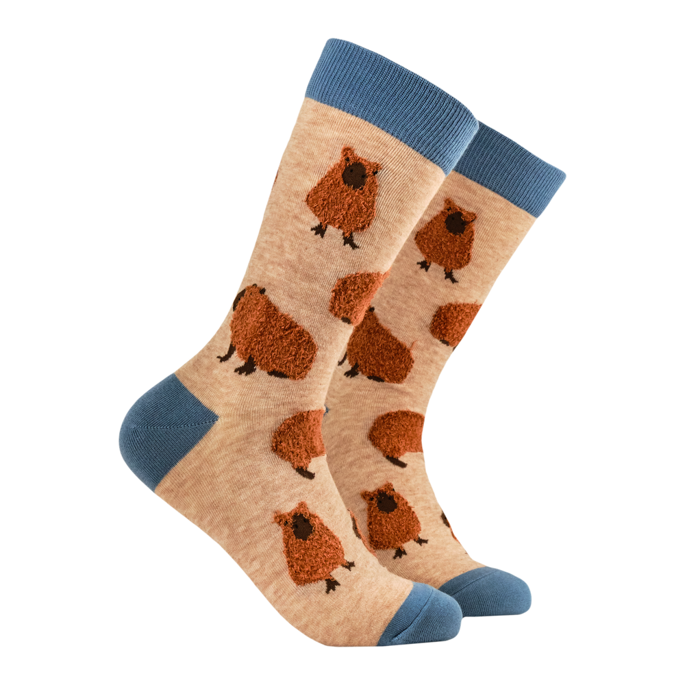 Capybara Fluffies Socks. A pair of socks featuring fluffy Capybaras. Brown legs, blue heel, toe and cuff. 