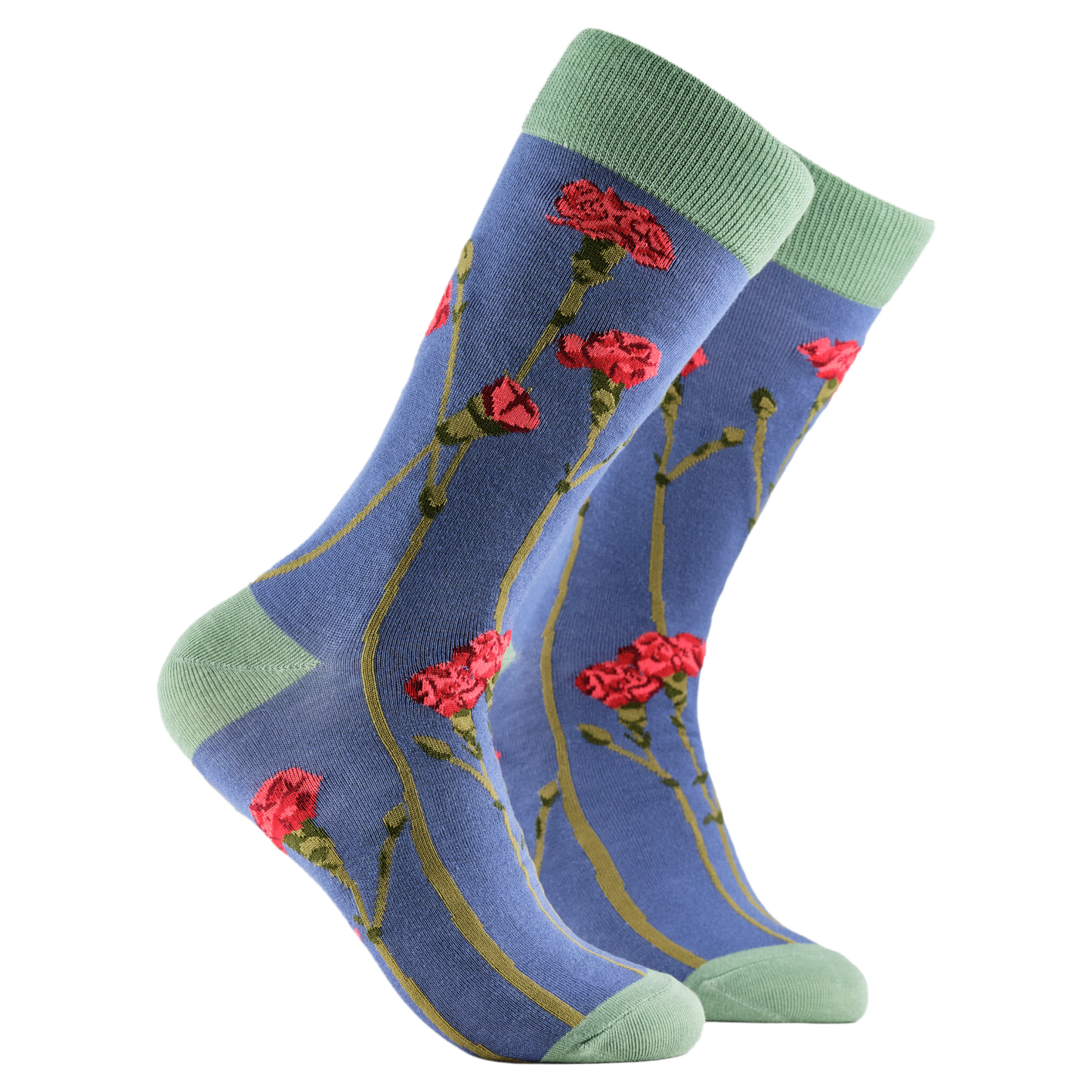 Carnations Floral Bamboo Socks. A pair of socks depicting carnations in wildlife. Blue legs, light green cuff, heel and toe.