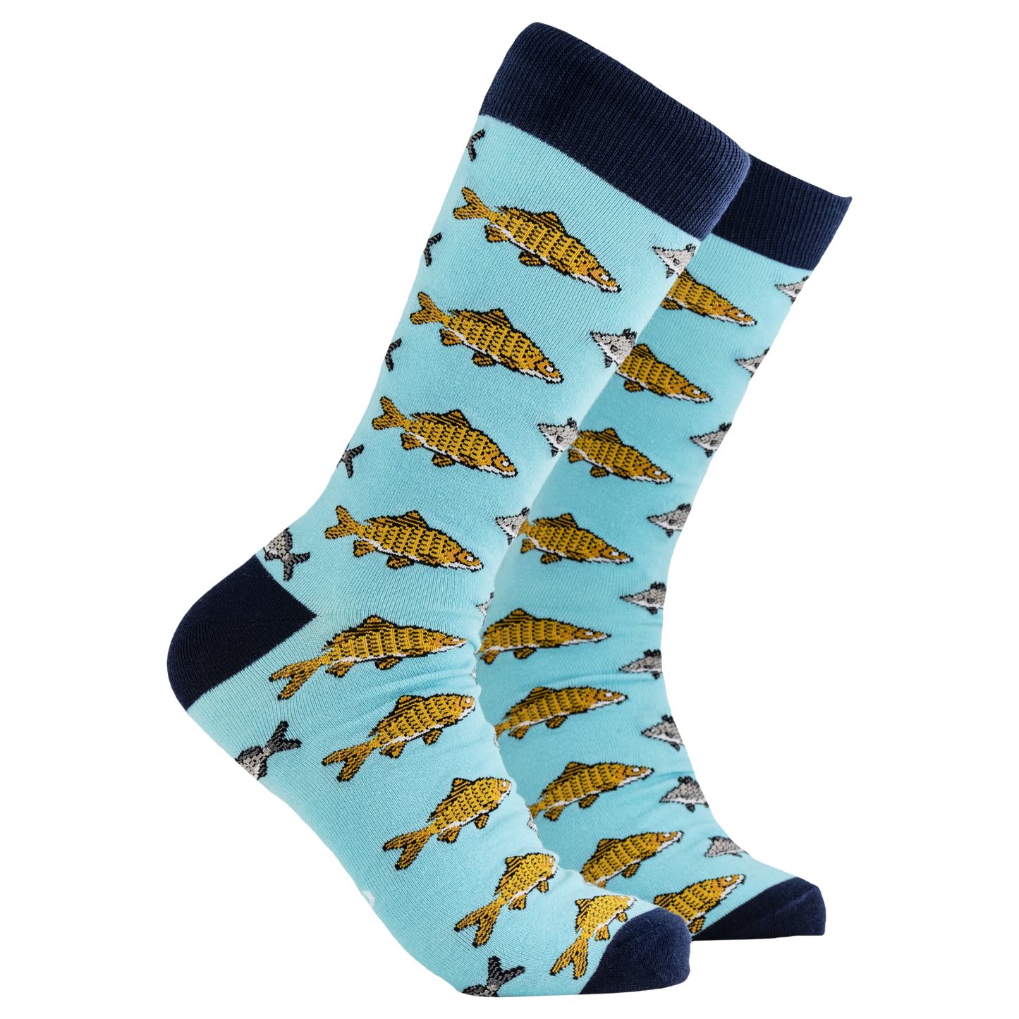 Carp Fishing Socks - Carpe Diem. A pair of socks depicting Koi carp fish. Blue legs, dark blue cuff, heel and toe.