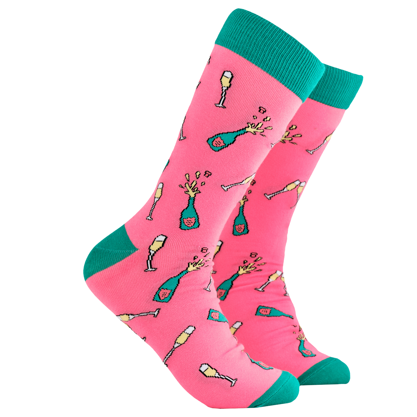 Champagne Socks - Champagne Problems. A pair of socks depicting champagne bottles and glasses. Pink legs, turquoise cuff, heel and toe.