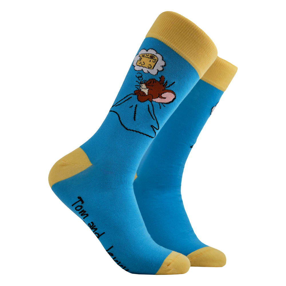 Tom and Jerry Socks - Cheeese...Jerry. A pair of socks depicting Jerry having cheese dreams. Blue leg, yellow toe, cuff and heel. 