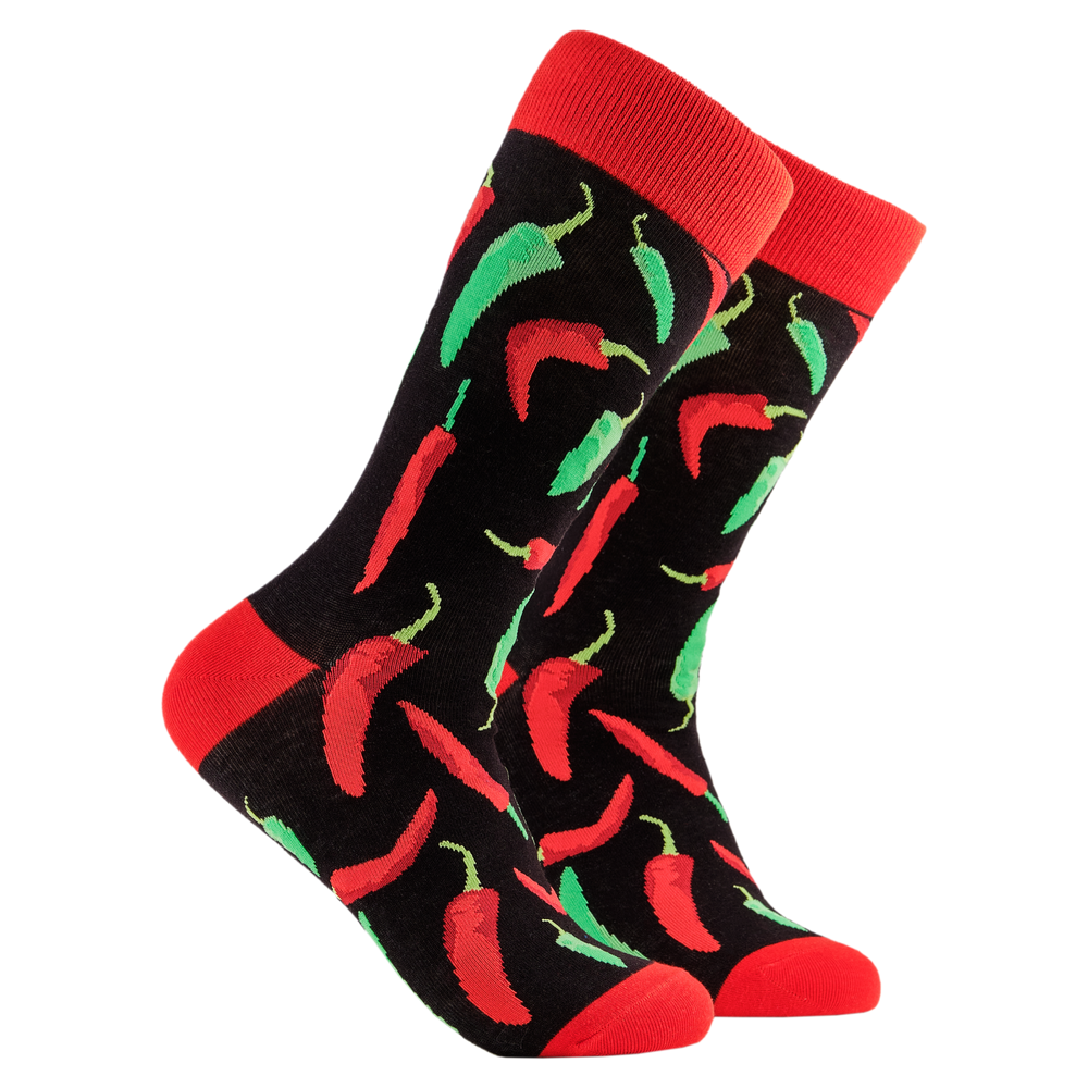 Chilli Socks. A pair of socks depicting red and green chilli peppers.. Black legs, red cuff, heel and toe.