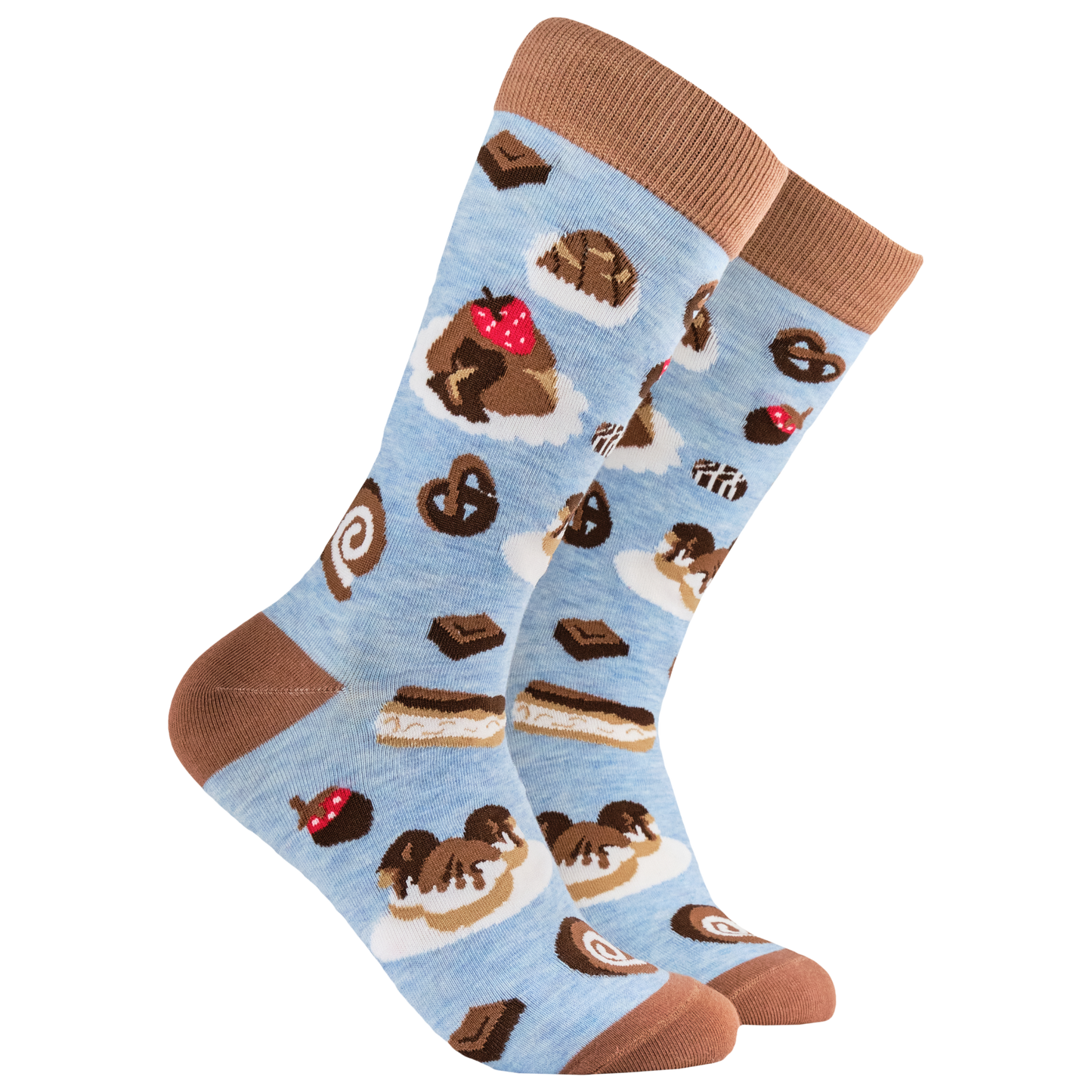 Chocolate Socks - Choc-Aholic. A pair of socks depicting cakes and chocolates. Blue legs, brown heel, toe and cuff. 