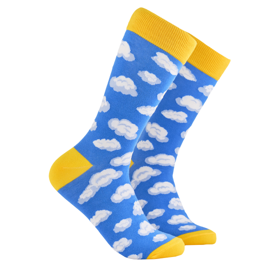 Clouds Socks. A pair of socks depicting little fluffy clouds. Blue legs, yellow cuff, heel and toe.